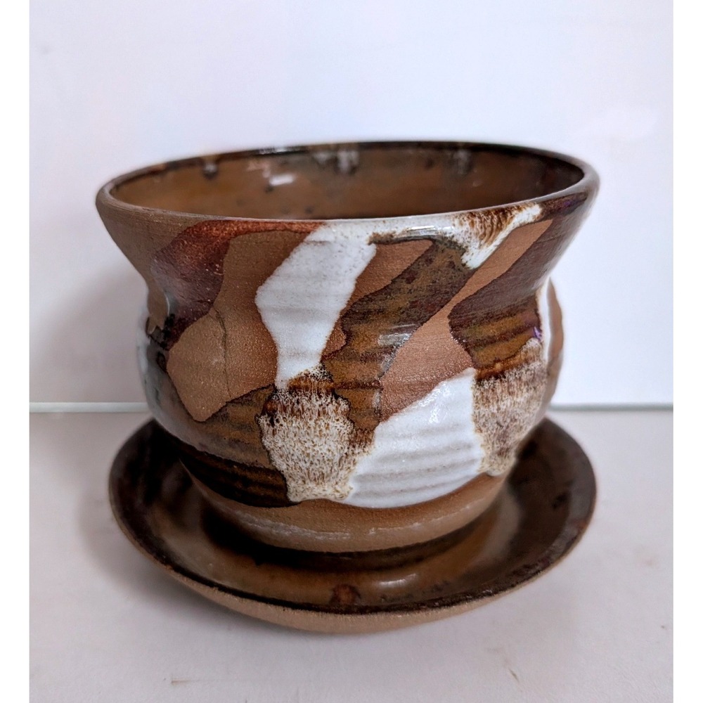 VTG Studio Pottery Planter Pot with Saucer Brown Tan White Abstract Drip Glaze